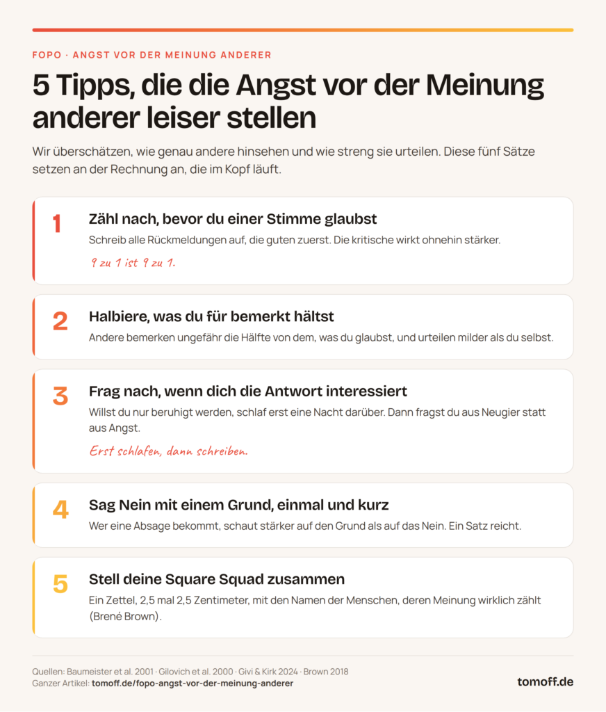 FOPO Infografik: 5 Tipps gegen die Angst vor der Meinung anderer. Zähl nach, bevor du einer Stimme glaubst. Halbiere, was du für bemerkt hältst. Frag nach, wenn dich die Antwort interessiert. Sag Nein mit einem Grund. Stell deine Square Squad zusammen.