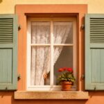 FOPO: Küchenfenster mit Spitzenvorhang und Geranie, dahinter eine Hand am Vorhang. Das Urteil hinter dem Vorhang, die Angst vor der Meinung anderer beginnt oft mit einer Stimme von zehn.