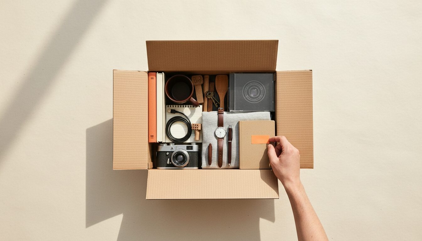 Von oben fotografierte Kiste mit aussortierten Dingen für den Flohmarkt: Buch, Kamera, Uhr, Tasse und Notizbuch mit Preisschild