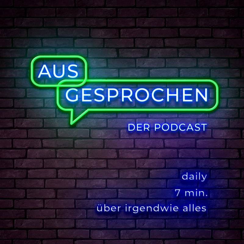 Logo des Podcasts ausgesprochen: Neonschrift auf Backsteinwand